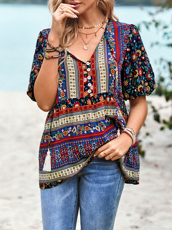 Blouses- Chic Boho Print Blouse - Peplum Silhouette & Tassel Drawstring Top- - Pekosa Women Clothing