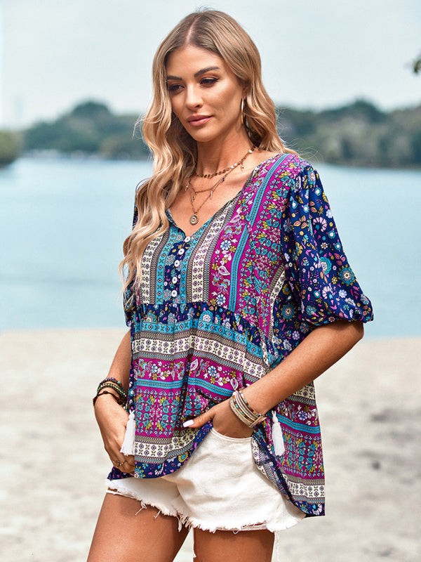 Blouses- Chic Boho Print Blouse - Peplum Silhouette & Tassel Drawstring Top- - Pekosa Women Clothing