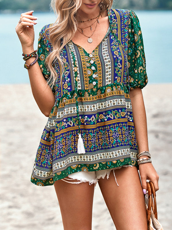 Blouses- Chic Boho Print Blouse - Peplum Silhouette & Tassel Drawstring Top- - Pekosa Women Clothing