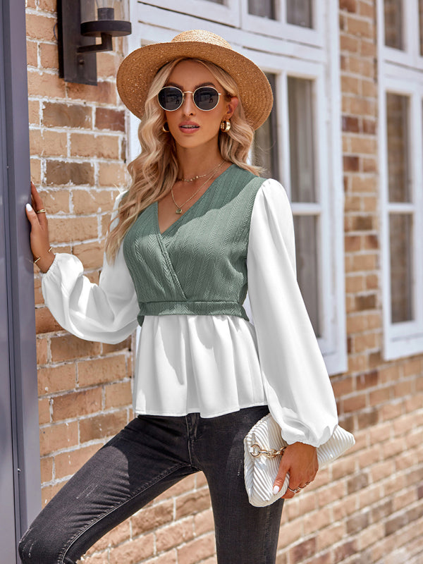 Blouses- Chic Office Shirt: Women's 2-in-1 Frenchy Puff Sleeve Blouse- - IndioGear Fashion and Gear