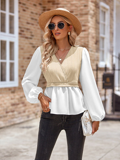 Blouses- Chic Office Shirt: Women's 2-in-1 Frenchy Puff Sleeve Blouse- Beige khaki- IndioGear Fashion and Gear