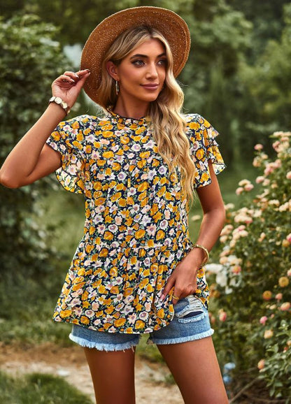 Blouses- Chic Peplum Silhouette Blouses: Ruffle Neck & Short Petal Sleeves Tops- Yellow- IndioGear Fashion and Gear