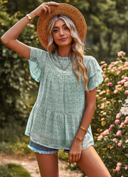 Blouses- Chic Peplum Silhouette Blouses: Ruffle Neck & Short Petal Sleeves Tops- Green- IndioGear Fashion and Gear