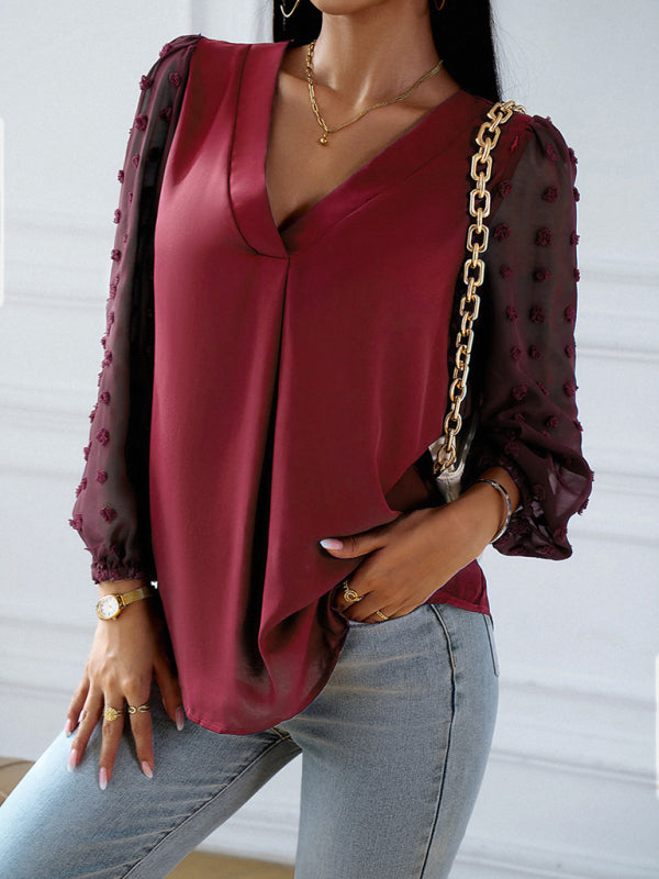 Blouses- Chic V Neck Blouse - Swiss Dot Jacquard Long Sleeves Top- - Pekosa Women Clothing