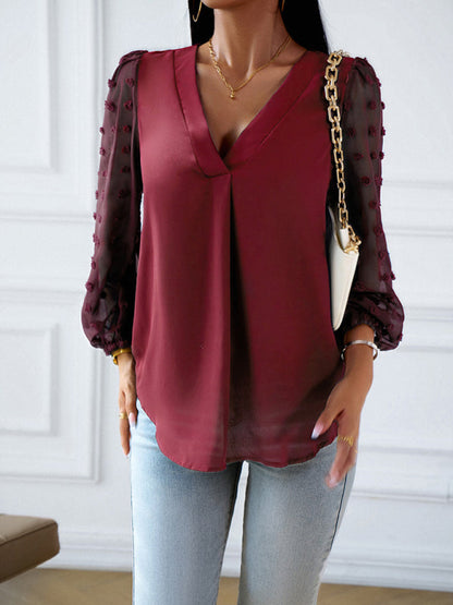 Blouses- Chic V Neck Blouse - Swiss Dot Jacquard Long Sleeves Top- - Pekosa Women Clothing