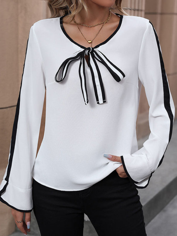 Blouses-Classy Long Sleeve Knot Blouse with Contrasting Details-Pekosa Women Clothing