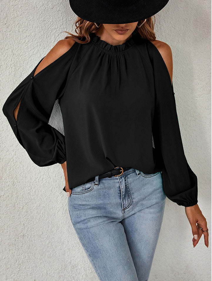 Blouses- Cold Shoulder Blouse - Ruffle Neck, Long Sleeve & Keyhole Back Top- - Pekosa Women Clothing