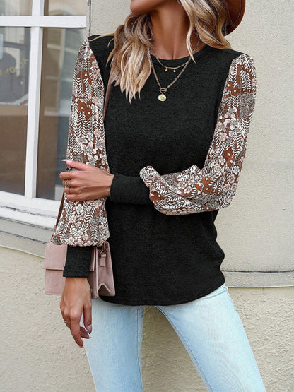 Blouses- Crew Neck Blouse - Floral Patchwork Top with Long Puff Sleeves- - IndioGear Fashion and Gear