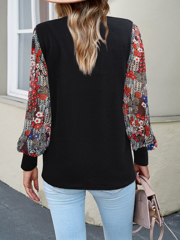 Blouses- Crew Neck Blouse - Floral Patchwork Top with Long Puff Sleeves- - IndioGear Fashion and Gear