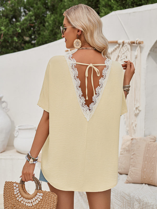 Crew Neck Textured Top | Elegant V-Open Back Lace Blouse