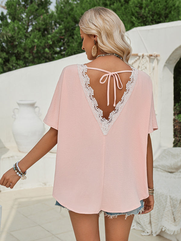 Crew Neck Textured Top | Elegant V-Open Back Lace Blouse