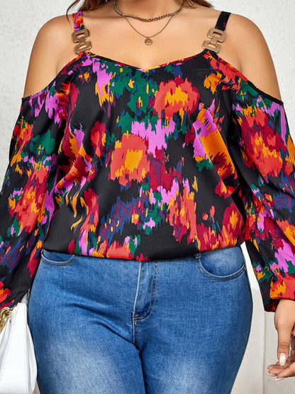 Blouses- Curvy Abstract Print Cold Shoulder Top - Long Sleeve Blouse- - IndioGear Fashion and Gear