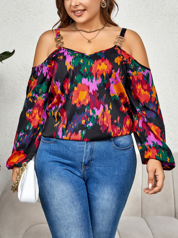 Blouses- Curvy Abstract Print Cold Shoulder Top - Long Sleeve Blouse- Black- IndioGear Fashion and Gear