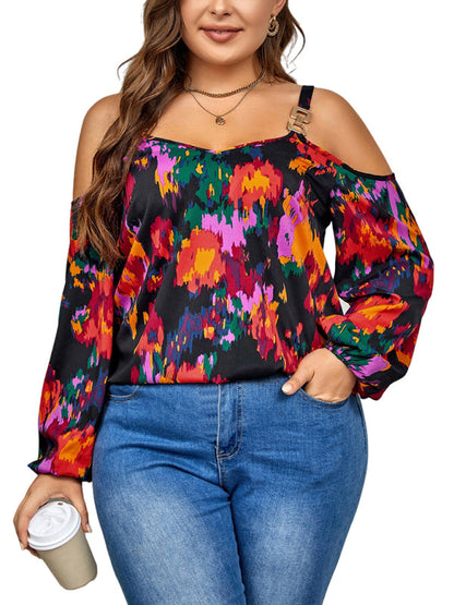 Blouses- Curvy Abstract Print Cold Shoulder Top - Long Sleeve Blouse- - IndioGear Fashion and Gear