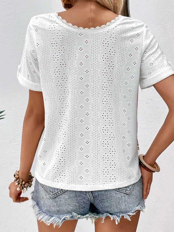 Blouses- Elegant Eyelet Buttoned Blouse: V-Neck, Short Sleeves, Versatile Fit- - IndioGear Fashion and Gear