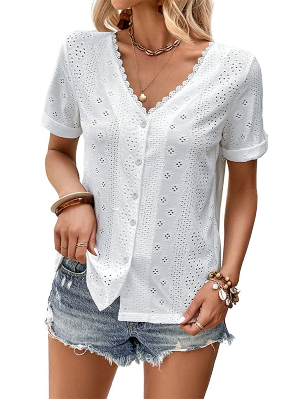 Blouses- Elegant Eyelet Buttoned Blouse: V-Neck, Short Sleeves, Versatile Fit- - IndioGear Fashion and Gear