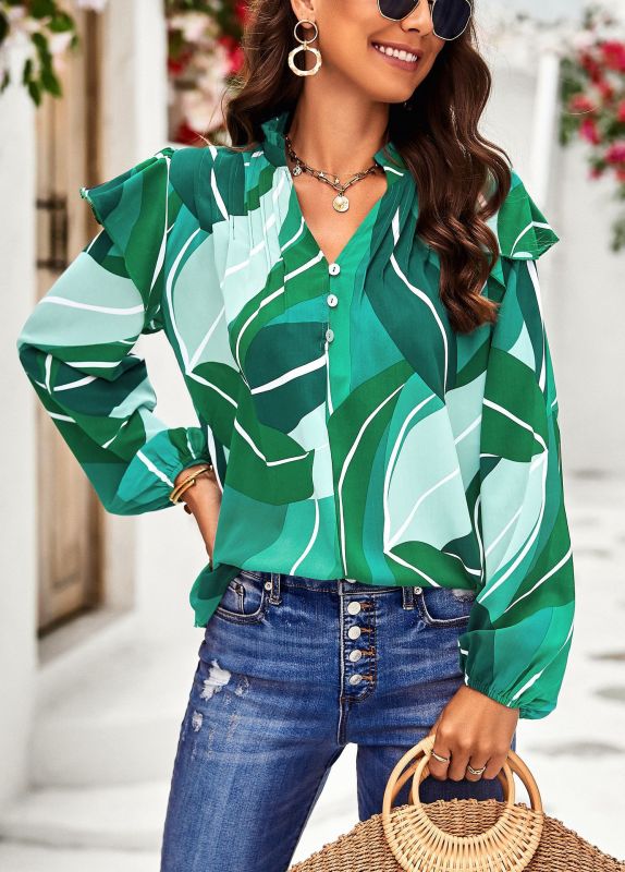 Blouses- Elegant Floral Lantern Sleeve Blouse - Ruffle & Pleated Accents Top- Green- Pekosa Women Clothing