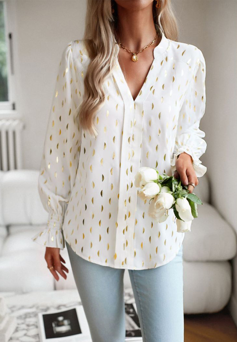 Blouses- Elegant Gold Chips Top - Notch Neck & Ruffle Cuffs Blouse- - Pekosa Women Clothing