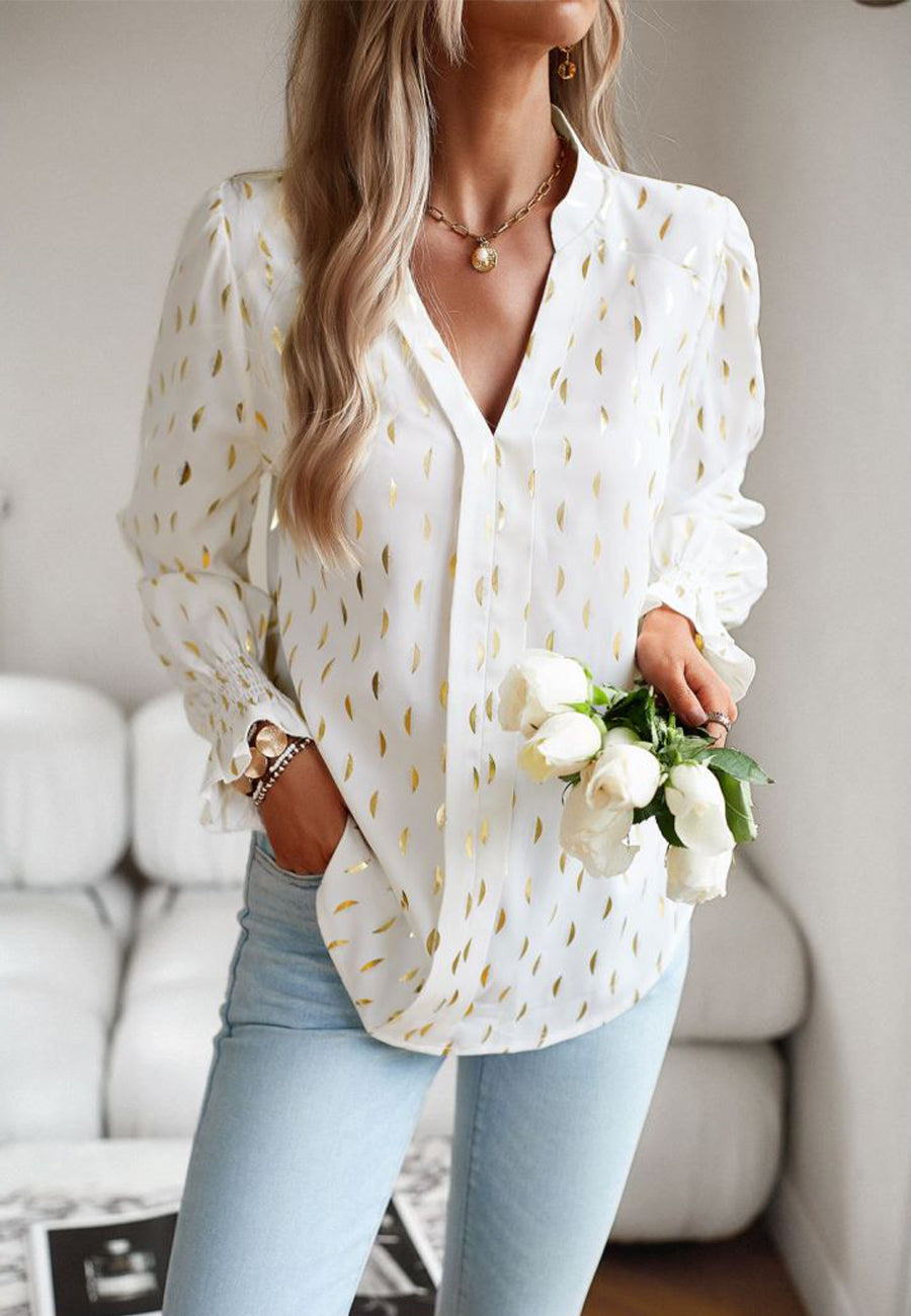 Blouses- Elegant Gold Chips Top - Notch Neck & Ruffle Cuffs Blouse- - Pekosa Women Clothing