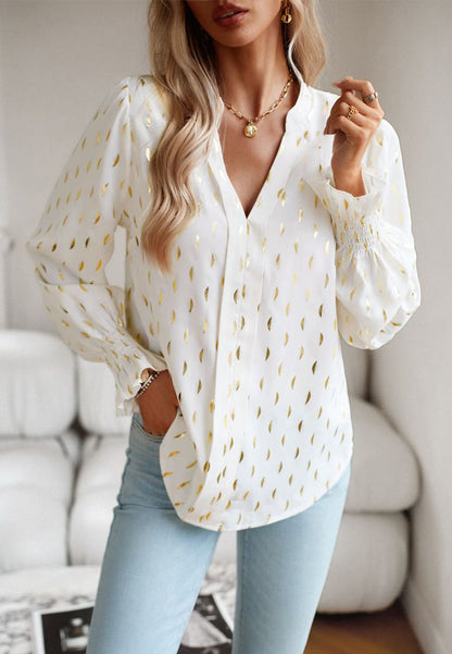 Blouses- Elegant Gold Chips Top - Notch Neck & Ruffle Cuffs Blouse- - Pekosa Women Clothing