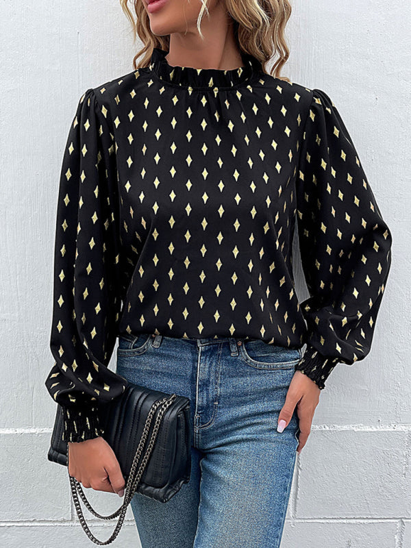 Blouses- Elegant Gold Print Blouse - Lantern Sleeve, Smocked Hem Top- - Pekosa Women Clothing