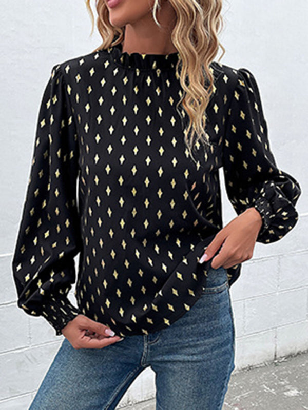 Blouses- Elegant Gold Print Blouse - Lantern Sleeve, Smocked Hem Top- - Pekosa Women Clothing