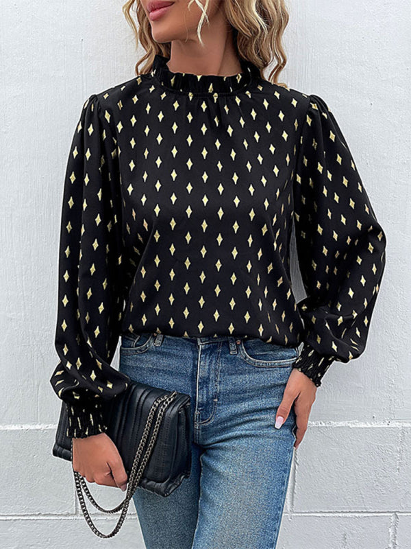 Blouses- Elegant Gold Print Blouse - Lantern Sleeve, Smocked Hem Top- Black- Pekosa Women Clothing