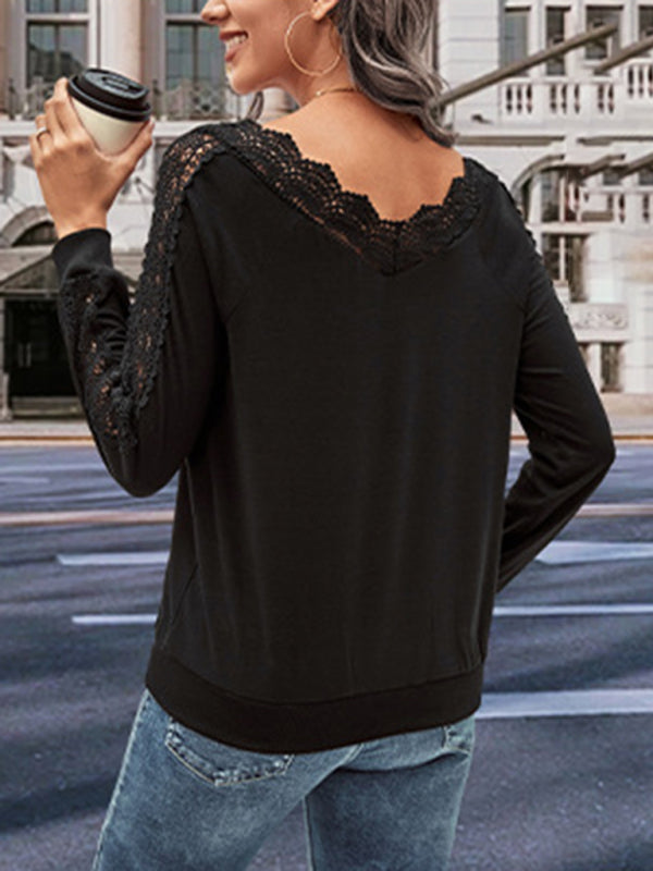 Blouses- Elegant Lace Accents Top - Long Sleeve V Neck Blouse- - Pekosa Women Clothing