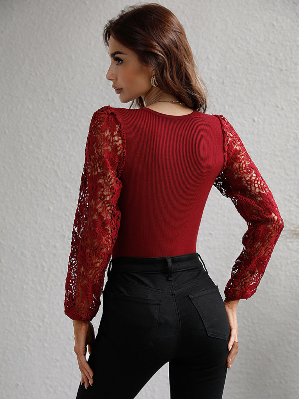 Blouses- Elegant Lace Delight: Women's Lace Long Sleeves Ribbed Blouses - Tops- - IndioGear Fashion and Gear