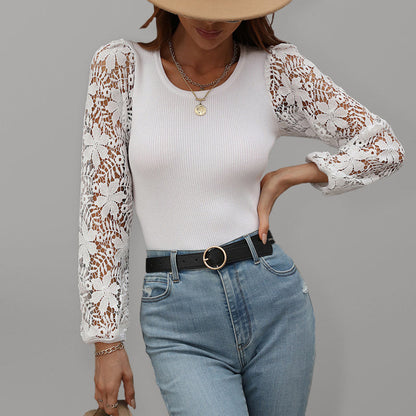 Blouses- Elegant Lace Delight: Women's Lace Long Sleeves Ribbed Blouses - Tops- White- IndioGear Fashion and Gear