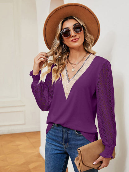 Blouses- Elegant Lace-Trimmed V-Neck Blouse with Bishop Long Sleeves- Chuzko Women Clothing