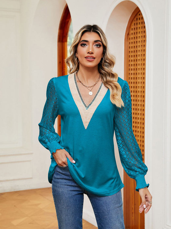 Blouses- Elegant Lace-Trimmed V-Neck Blouse with Bishop Long Sleeves- Chuzko Women Clothing