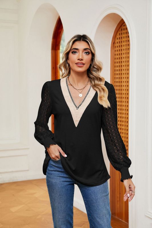 Blouses- Elegant Lace-Trimmed V-Neck Blouse with Bishop Long Sleeves- Chuzko Women Clothing