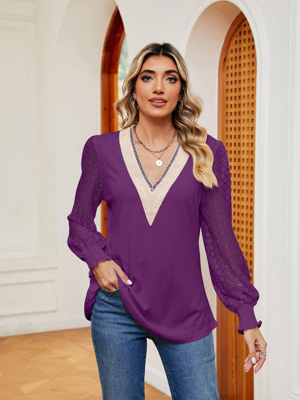 Blouses- Elegant Lace-Trimmed V-Neck Blouse with Bishop Long Sleeves- Chuzko Women Clothing