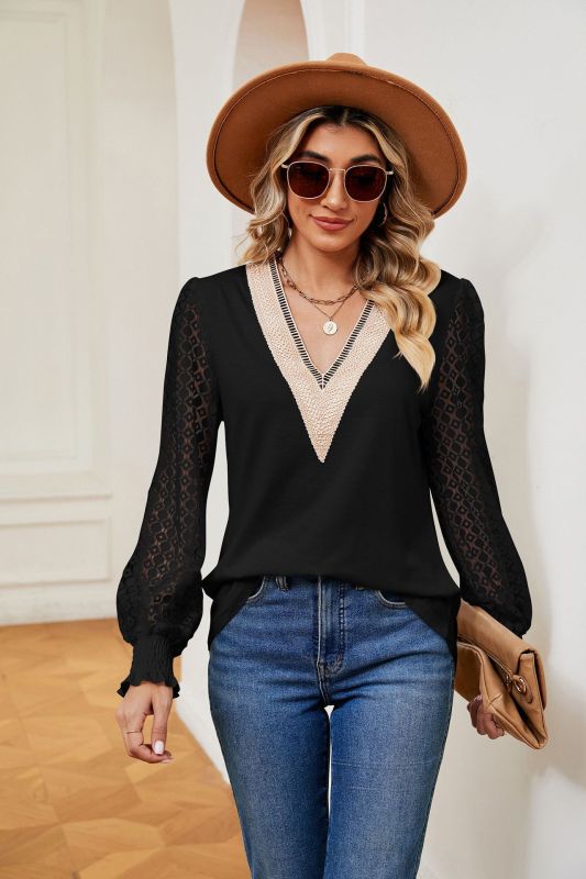 Blouses- Elegant Lace-Trimmed V-Neck Blouse with Bishop Long Sleeves- Chuzko Women Clothing