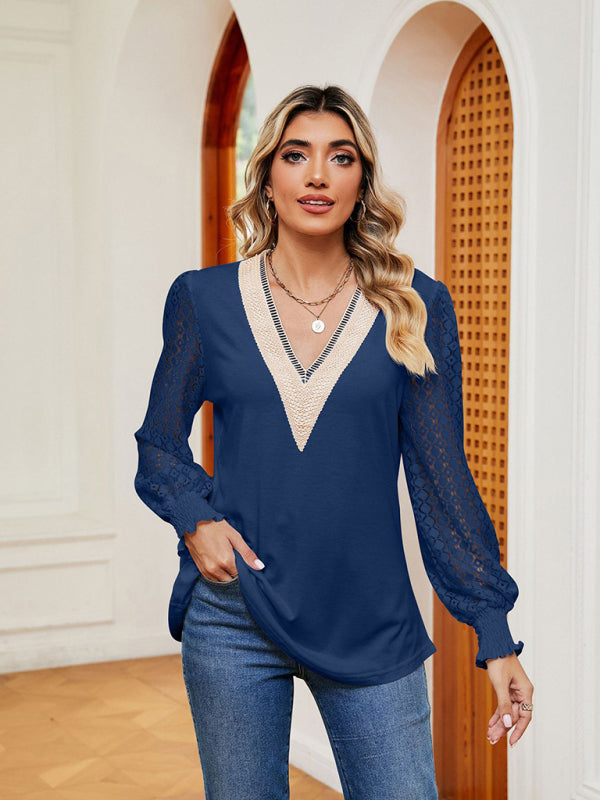 Blouses- Elegant Lace-Trimmed V-Neck Blouse with Bishop Long Sleeves- Chuzko Women Clothing