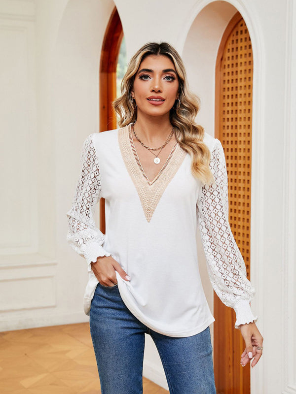 Blouses- Elegant Lace-Trimmed V-Neck Blouse with Bishop Long Sleeves- Chuzko Women Clothing