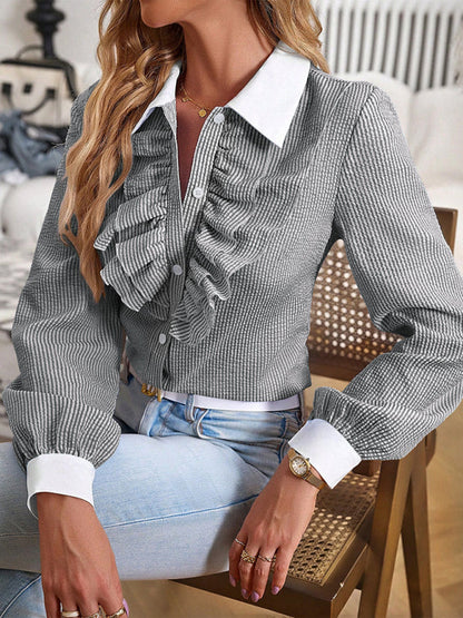 Blouses-Elegant Textured Long Sleeve Blouse | Button-Up with Ruffle Shirt-Pekosa Women Clothing