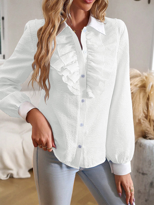 Blouses-Elegant Textured Long Sleeve Blouse | Button-Up with Ruffle Shirt-Pekosa Women Clothing