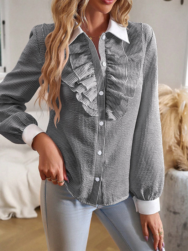 Blouses-Elegant Textured Long Sleeve Blouse | Button-Up with Ruffle Shirt-Pekosa Women Clothing