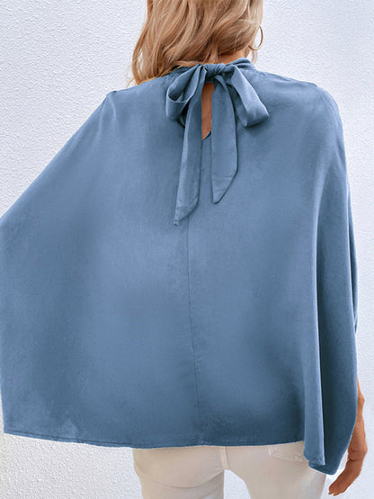 Blouses- Elegant Women's Batwing Sleeves Blouse: Stand Collar, Tie Back- - IndioGear Fashion and Gear