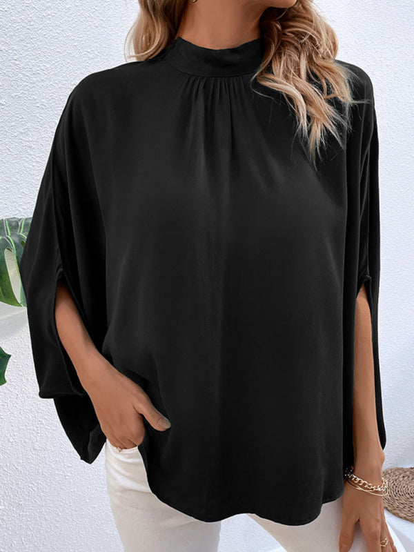 Blouses- Elegant Women's Batwing Sleeves Blouse: Stand Collar, Tie Back- - IndioGear Fashion and Gear