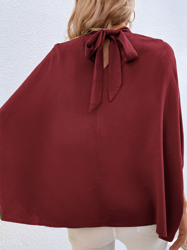 Blouses- Elegant Women's Batwing Sleeves Blouse: Stand Collar, Tie Back- - IndioGear Fashion and Gear