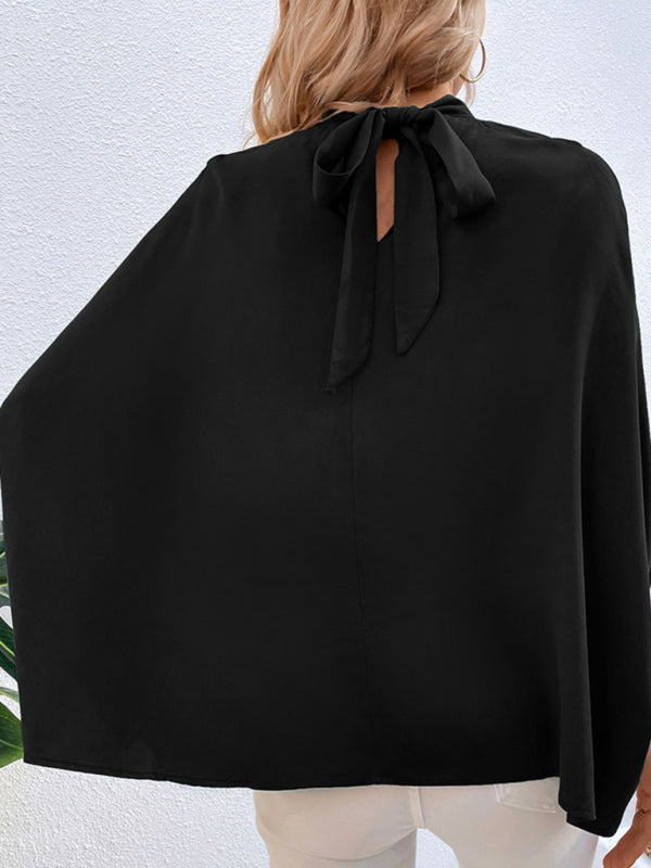 Blouses- Elegant Women's Batwing Sleeves Blouse: Stand Collar, Tie Back- - IndioGear Fashion and Gear