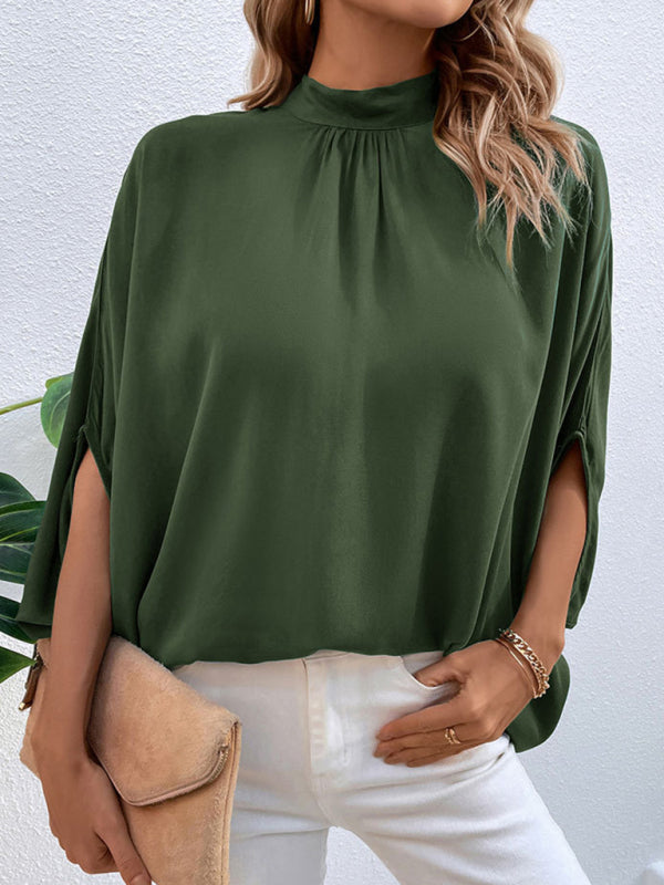 Blouses- Elegant Women's Batwing Sleeves Blouse: Stand Collar, Tie Back- - IndioGear Fashion and Gear