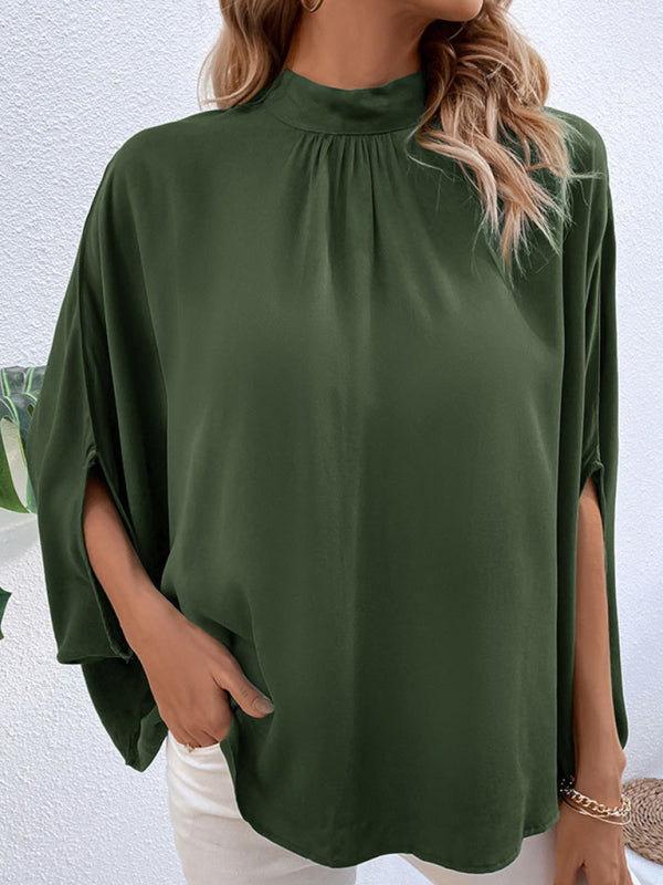 Blouses- Elegant Women's Batwing Sleeves Blouse: Stand Collar, Tie Back- - IndioGear Fashion and Gear