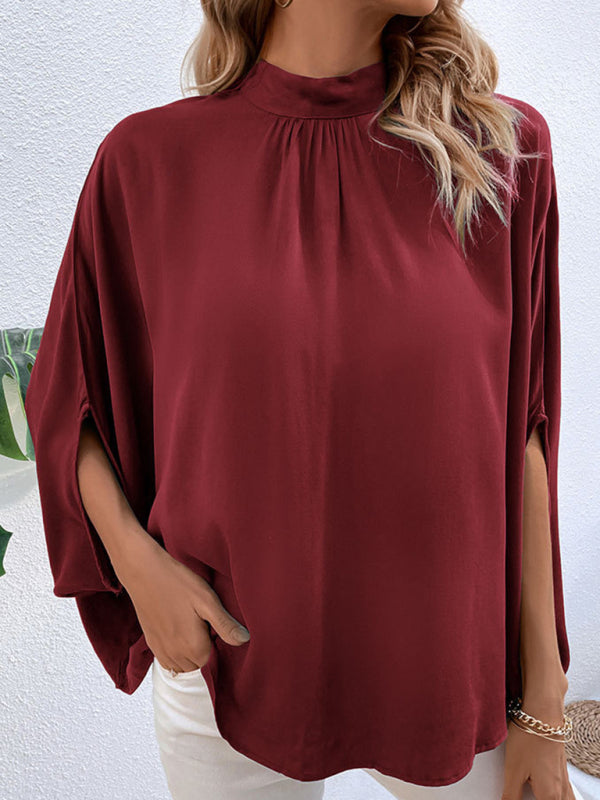 Blouses- Elegant Women's Batwing Sleeves Blouse: Stand Collar, Tie Back- - IndioGear Fashion and Gear