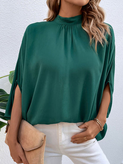 Blouses- Elegant Women's Batwing Sleeves Blouse: Stand Collar, Tie Back- - IndioGear Fashion and Gear