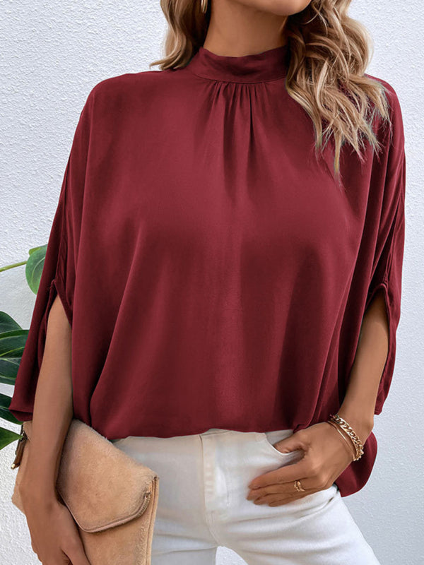 Blouses- Elegant Women's Batwing Sleeves Blouse: Stand Collar, Tie Back- Wine Red- IndioGear Fashion and Gear