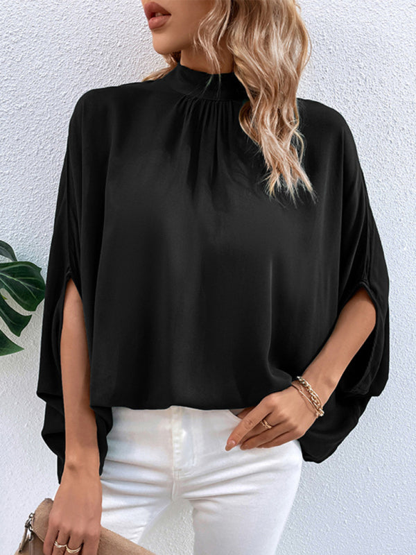 Blouses- Elegant Women's Batwing Sleeves Blouse: Stand Collar, Tie Back- - IndioGear Fashion and Gear